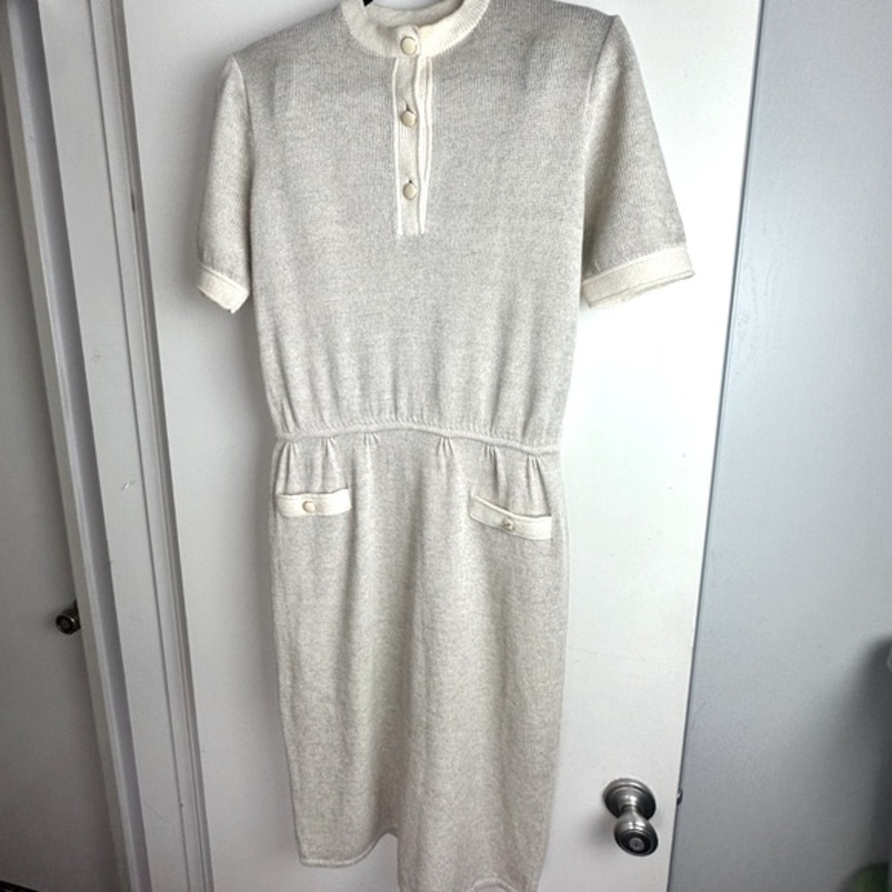 St.John For Saks Fifth Avenue Gray Cream Vintage70’s Quarter Button KnitDress 10